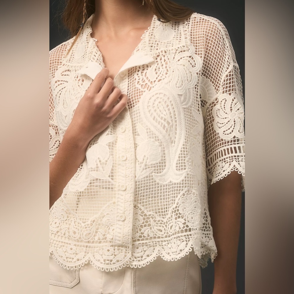 NWT Farm Rio x Anthropologie Short-Sleeve Lace Buttondown Shirt - Picture 2 of 7